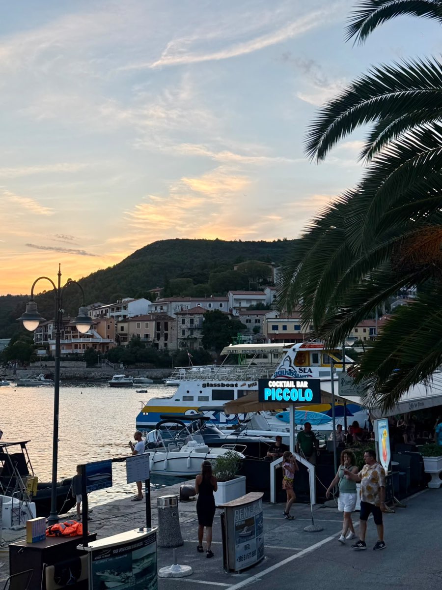 Lungomare del porto di Rabac al tramonto con palme